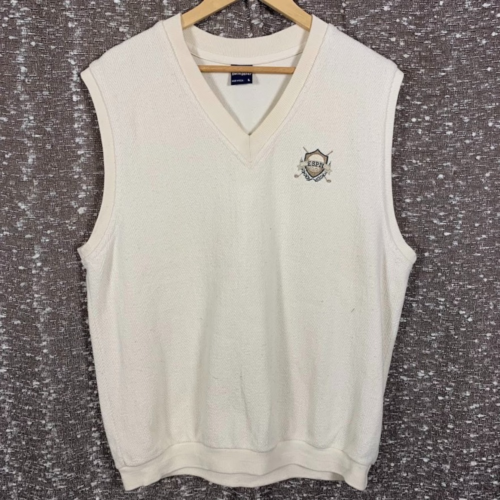 Vintage ESPN Golf Swingster Sweater Vest V‎ Neck Beige Embroidered Mens Large
